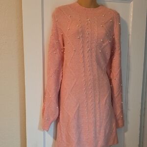 Elegant Pink Knit Pearl Sweater Dress